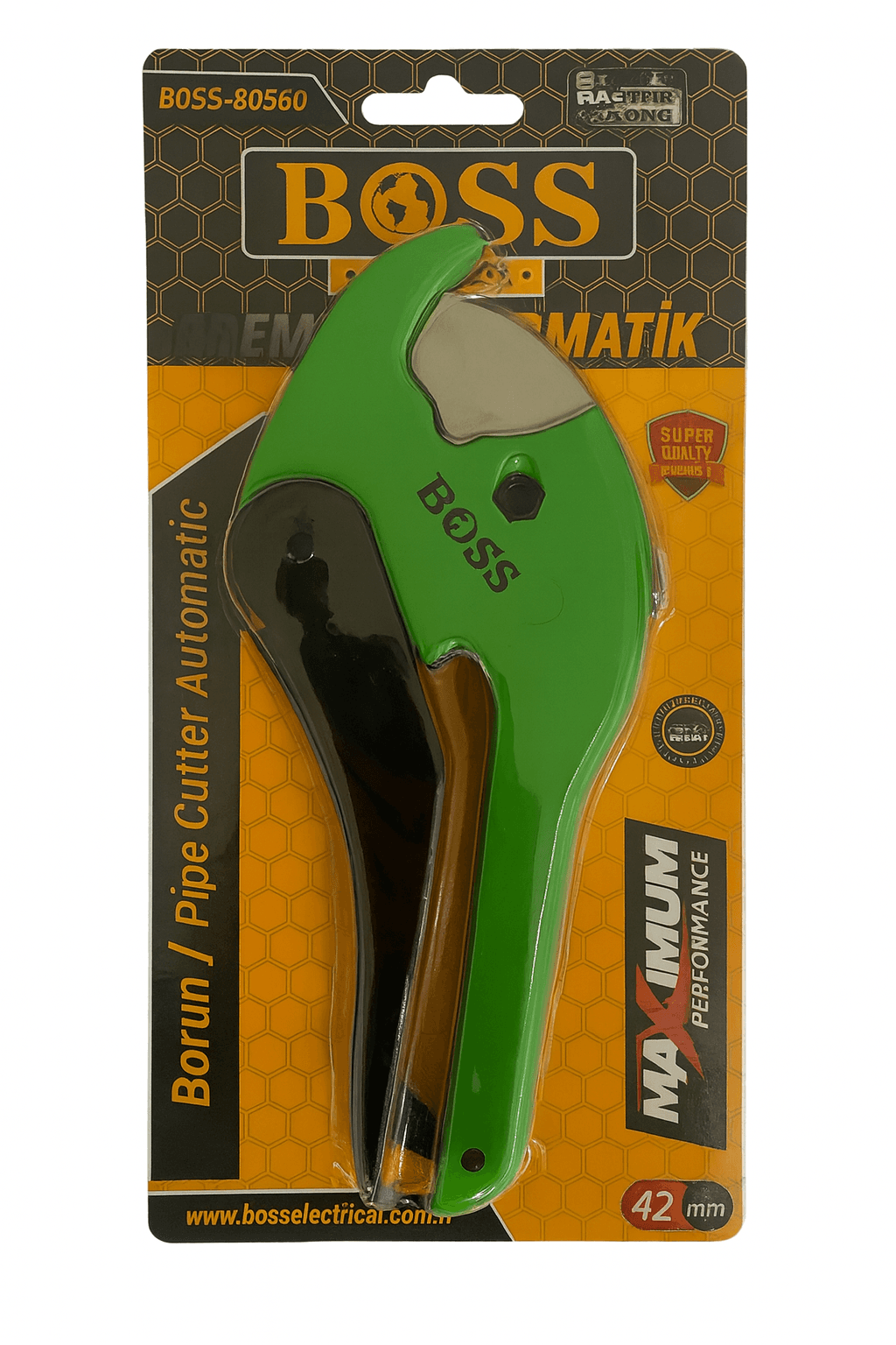 BOSS 42 mm Boru Makası - PVC PPRC Plastik Boru Kesme Makası - BOSS marka 42 mm kapasiteli plastik boru kesme makası. PVC, PPRC, polietilen ve diğer plastik tesisat borularını düz, çapaksız ve testere izi bırakmadan keser. Profesyonel tesisatçılar, sıhhi tesisat ustaları ve klima montajcıları için temel bir alettir.