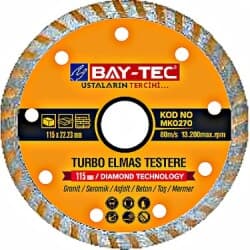 Turbo Elmas Testere 180 x 22-23mm - Standart Yapı Kesim - Turbo Elmas Testere 180 mm dış çap × 22-23 mm mil bağlantı, standart taşlama makinesi uyumlu. Turbo halka — sürekli elmas kaplama, hızlı ve standart kesim. Yapı malzemeleri, tuğla, beton, mermer standart kesim işlerinde tercih edilir; profesyonel inşaat ustası ve fayans tesisatçısı için temel ekipman.